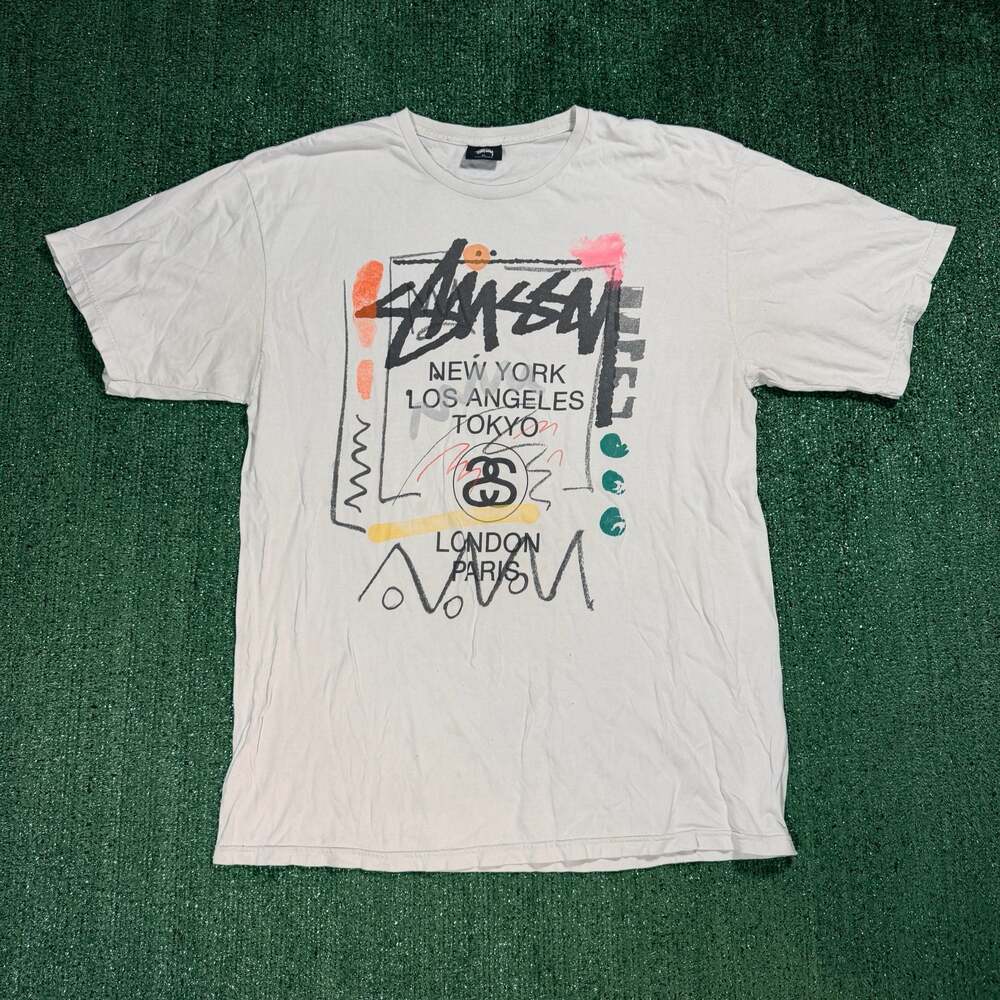 Mens Stussy World Tour Doodle T-Shirt White XL Streetwear Skater